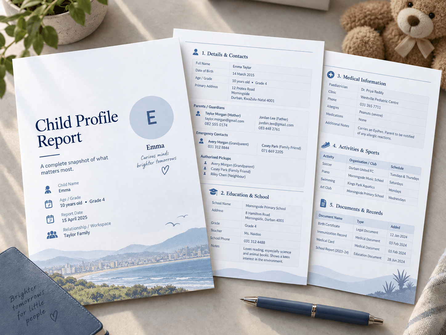 Printable child profile report mockup with South African contact details and a teddy bear in the background
