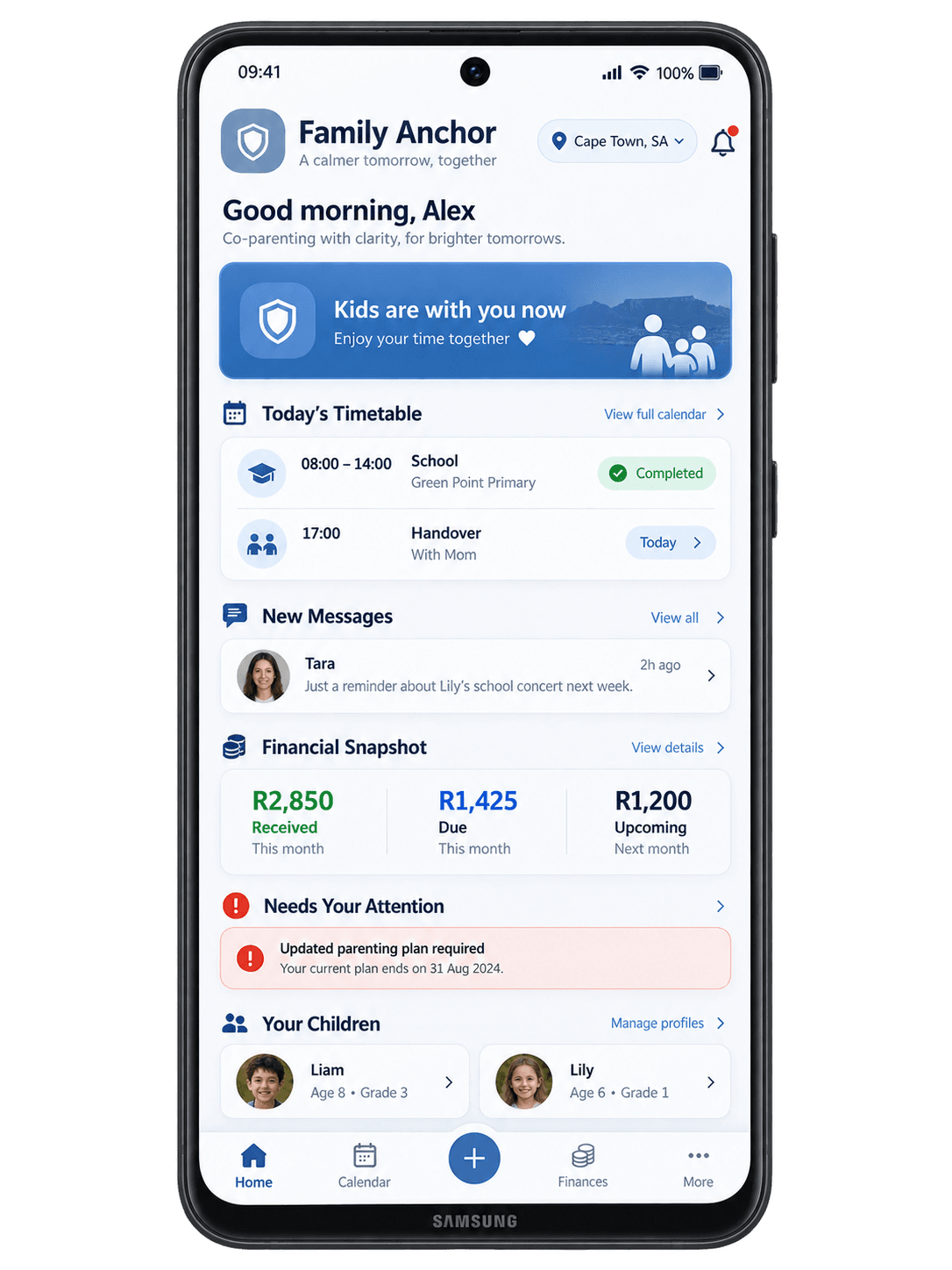 Family Anchor dashboard mobile app mockup