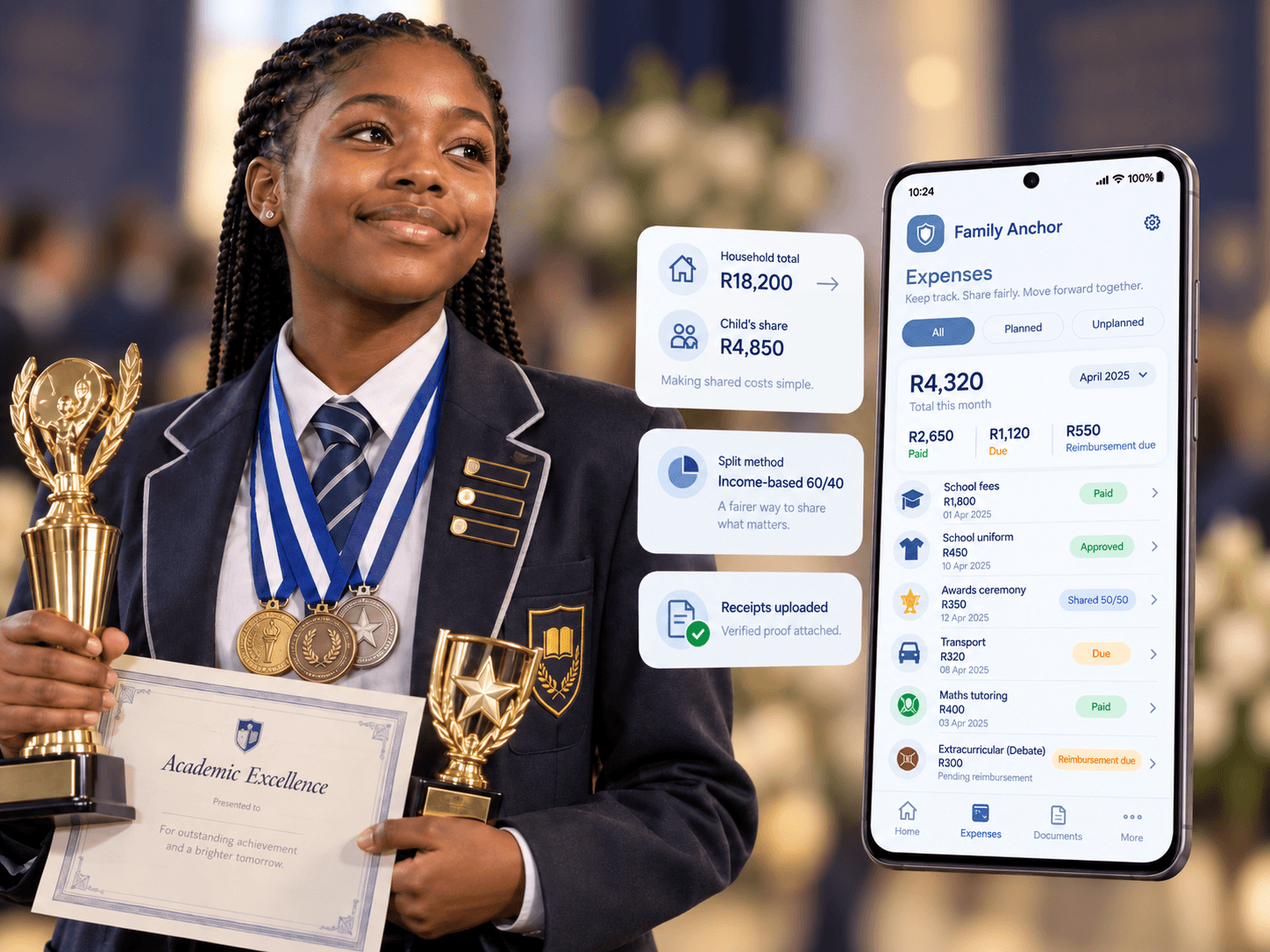Family Anchor expenses visual beside a student at a school awards ceremony