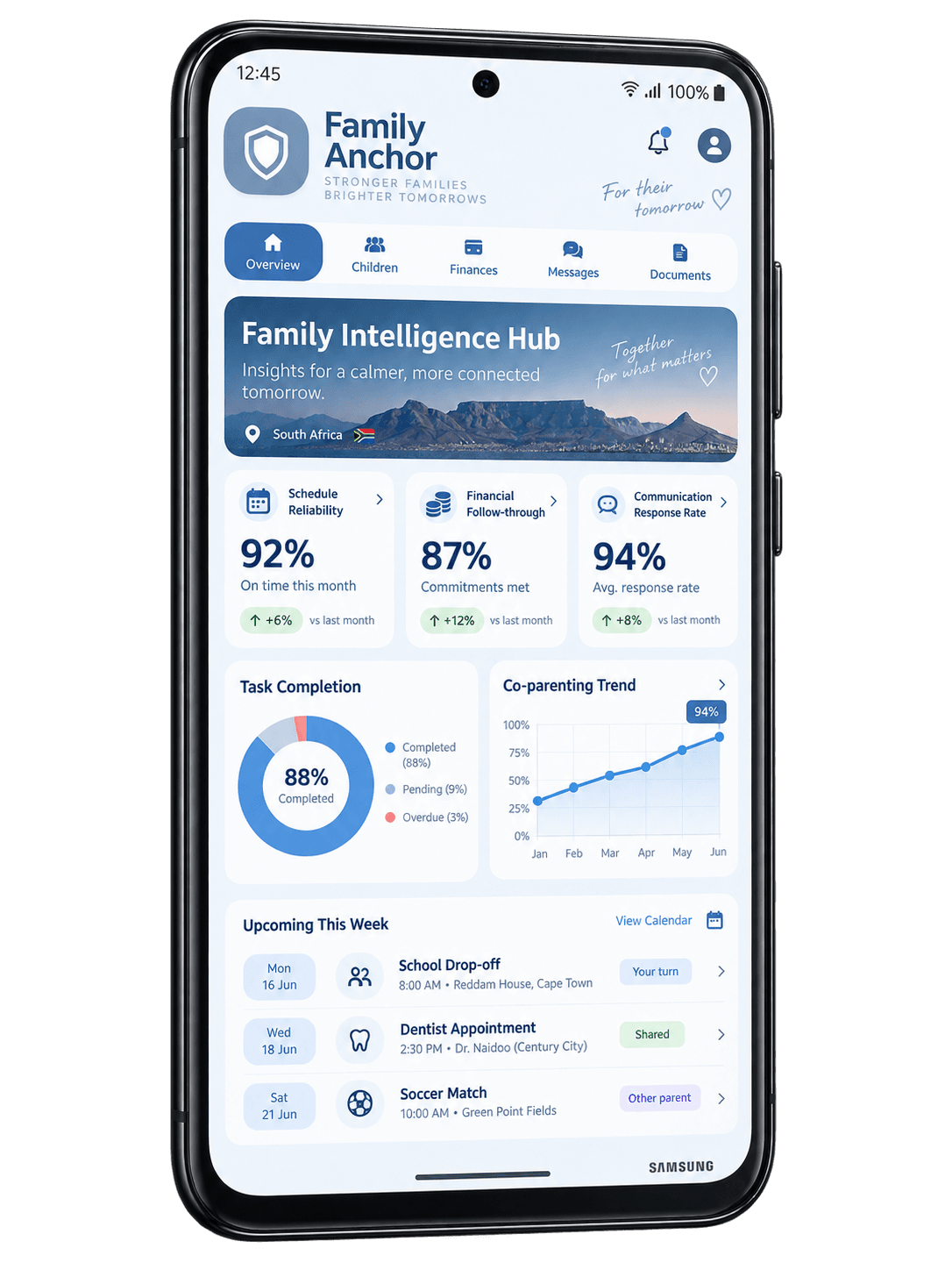 Family Anchor intelligence hub mobile app mockup